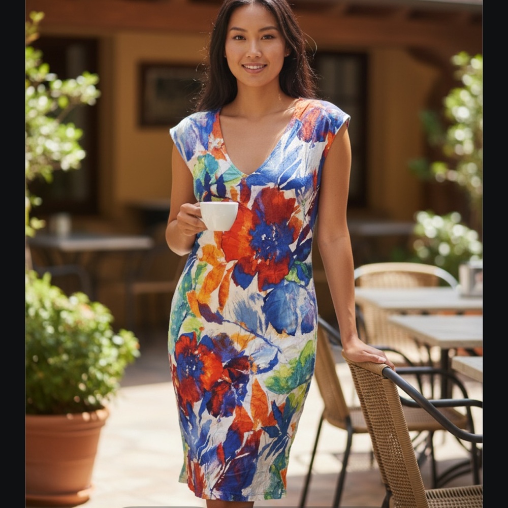 Jams World Tropical Floral Print Dress Spring Sky Size L